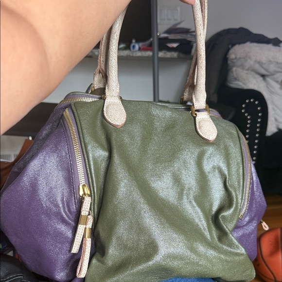 Liebeskind Women Two Tone Canvas Zip Closure Tote Shoulder Bag Green/Purple - Picture 4 of 7